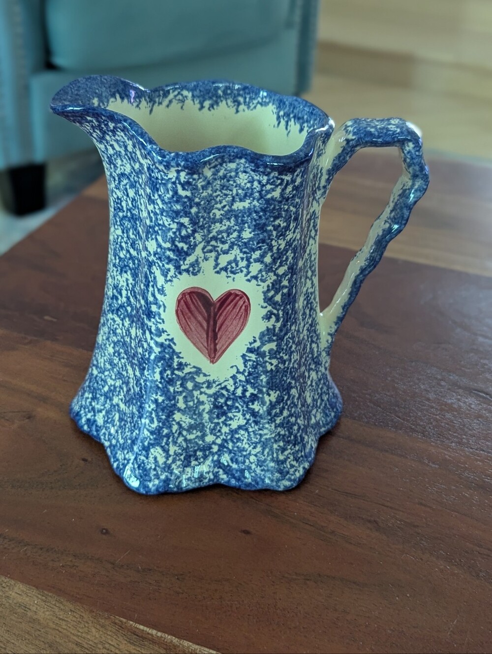 Vintage Molly Dallas Blue Spongeware Ceramic Pitcher Heart Detail Country Farm